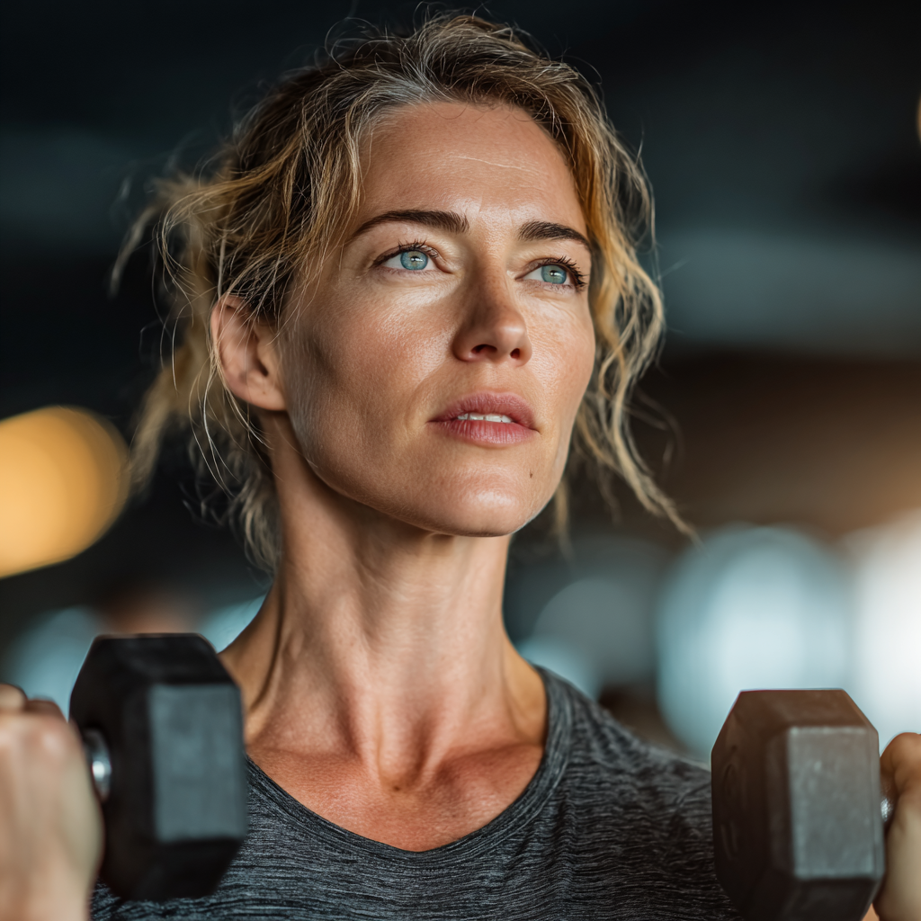 Middle-aged woman in her 40s doing strength training with dumbbells in modern gym, focused and determined expression, professional fitness setting