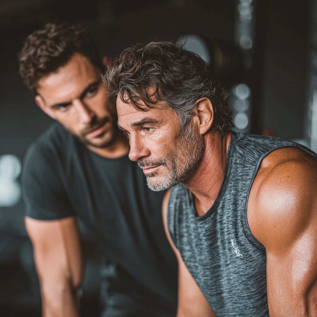 Professional trainer working with a 45-year-old man doing personalized workout routine with proper form guidance in a well-equipped fitness studio